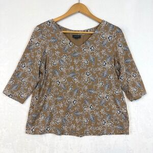 J Jill Wearever Collection Brown Floral 3/4‎ Sleeve V Neck Petite M Top